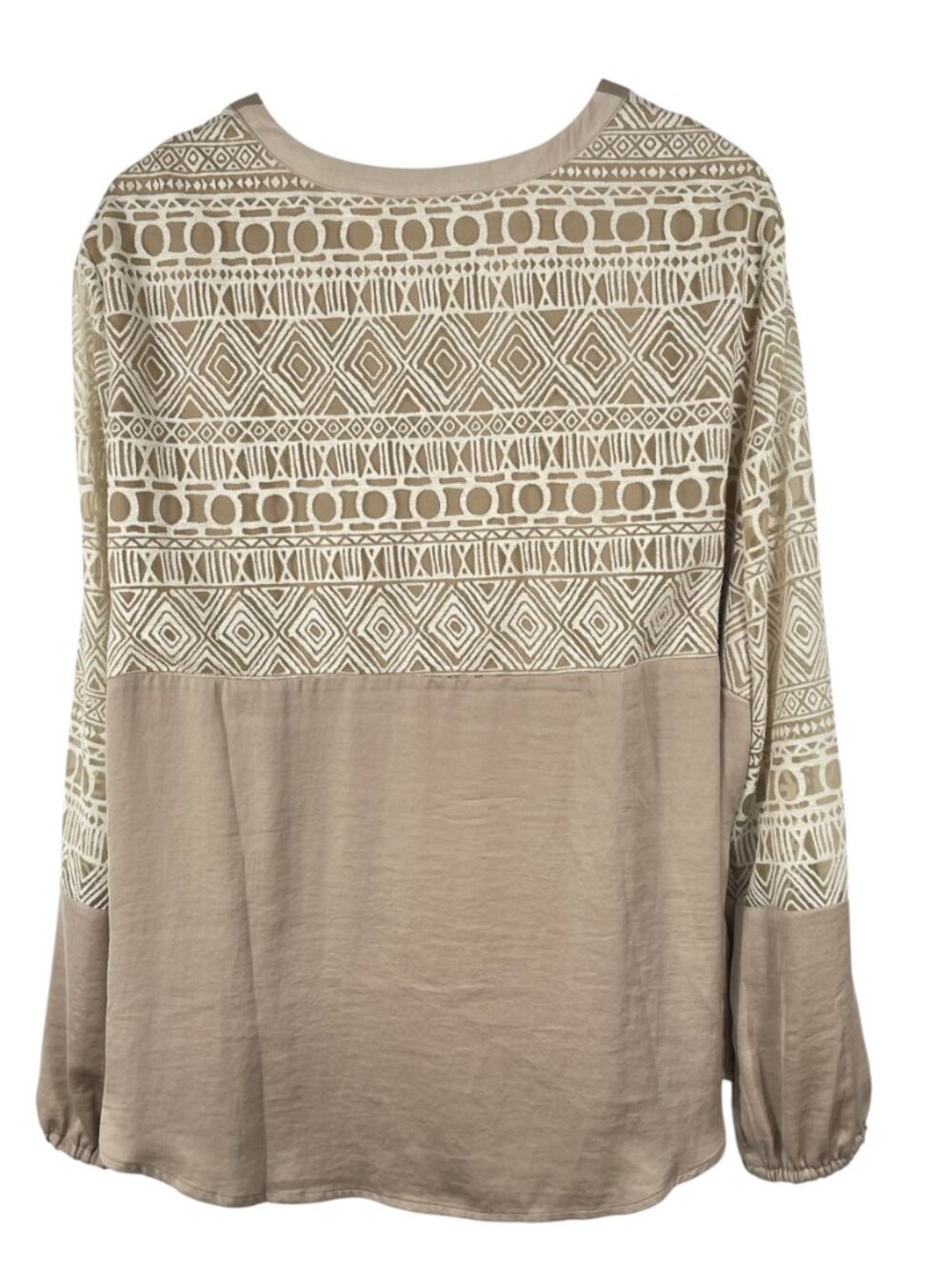 Chico's Size 4 XXL Geometric Lace Trim Tunic Blouse Taupe Ivory Boho 20/22 - Picture 3 of 12